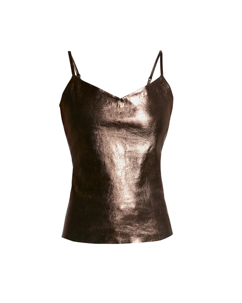 Front of a size L Elodie Stretch Leather Tank in Bronze by AS by DF. | dia_product_style_image_id:316620